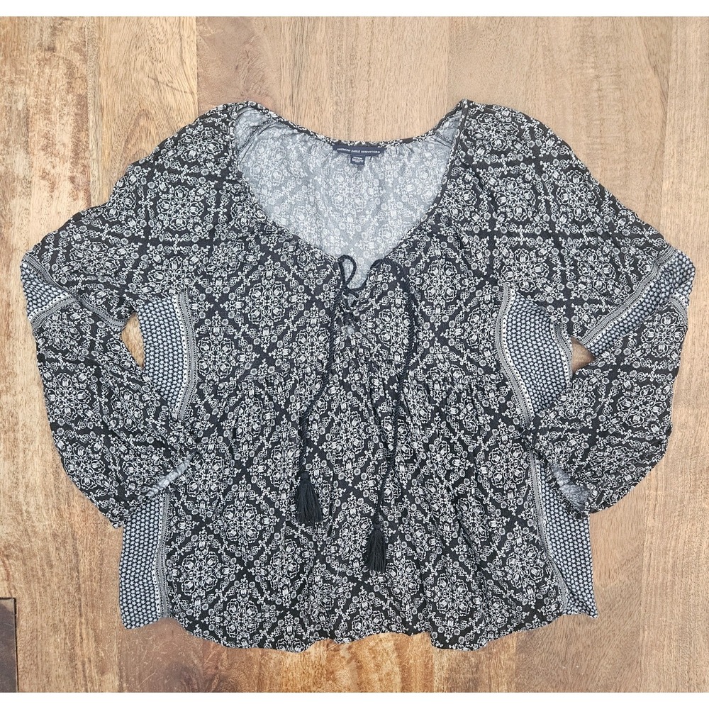 American Eagle Outfitters Blouse Womens M Black White Tassel Floral Boho Peasant